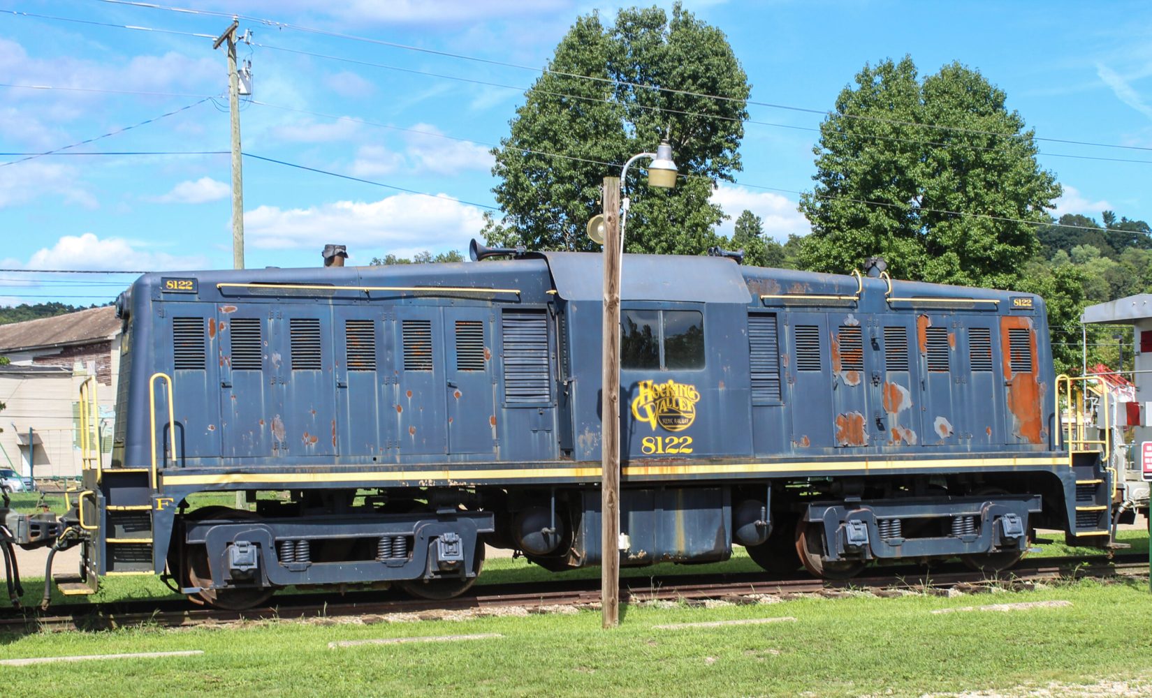 a train is parked on the grass