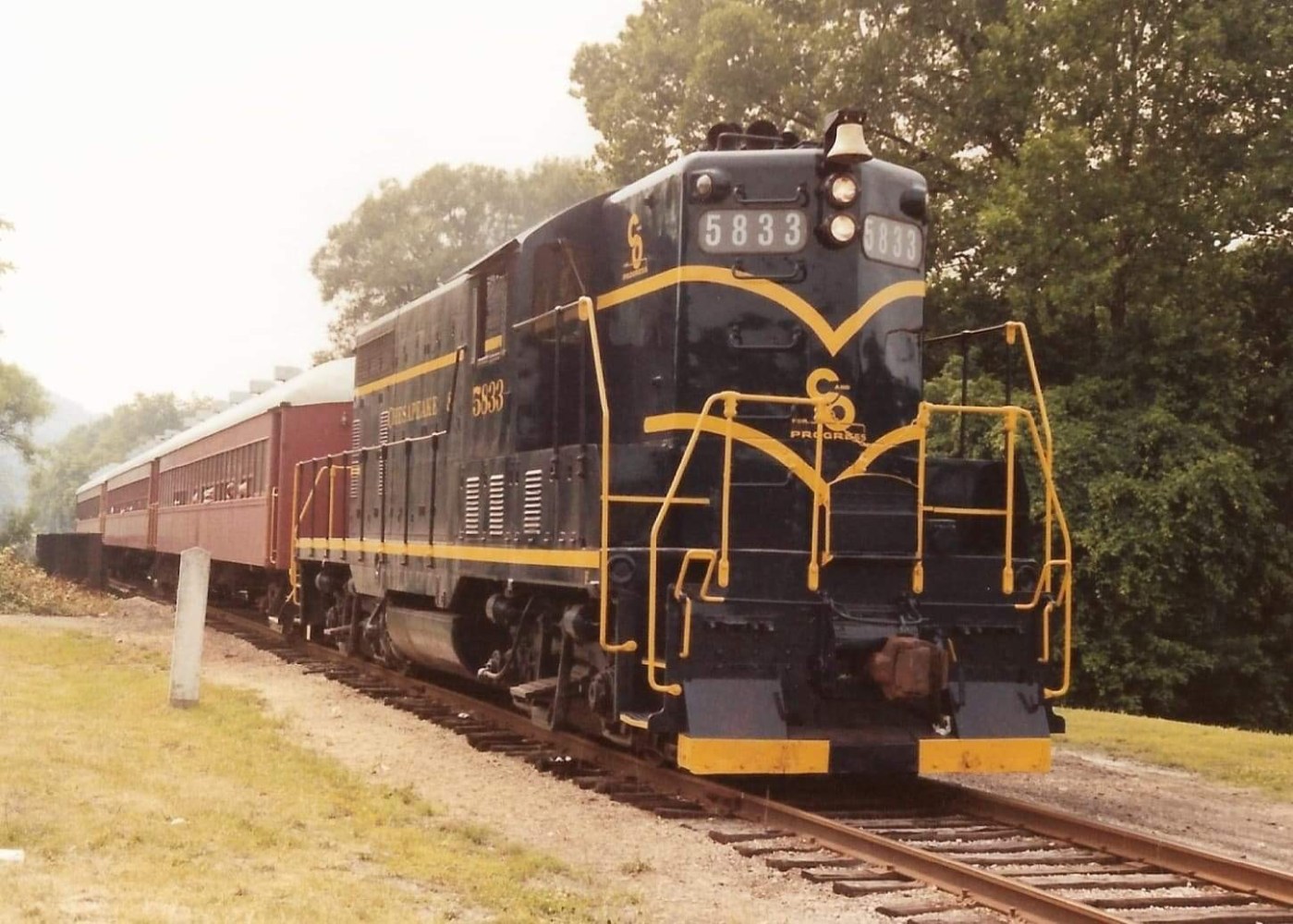 a train engine carrying carts down a track